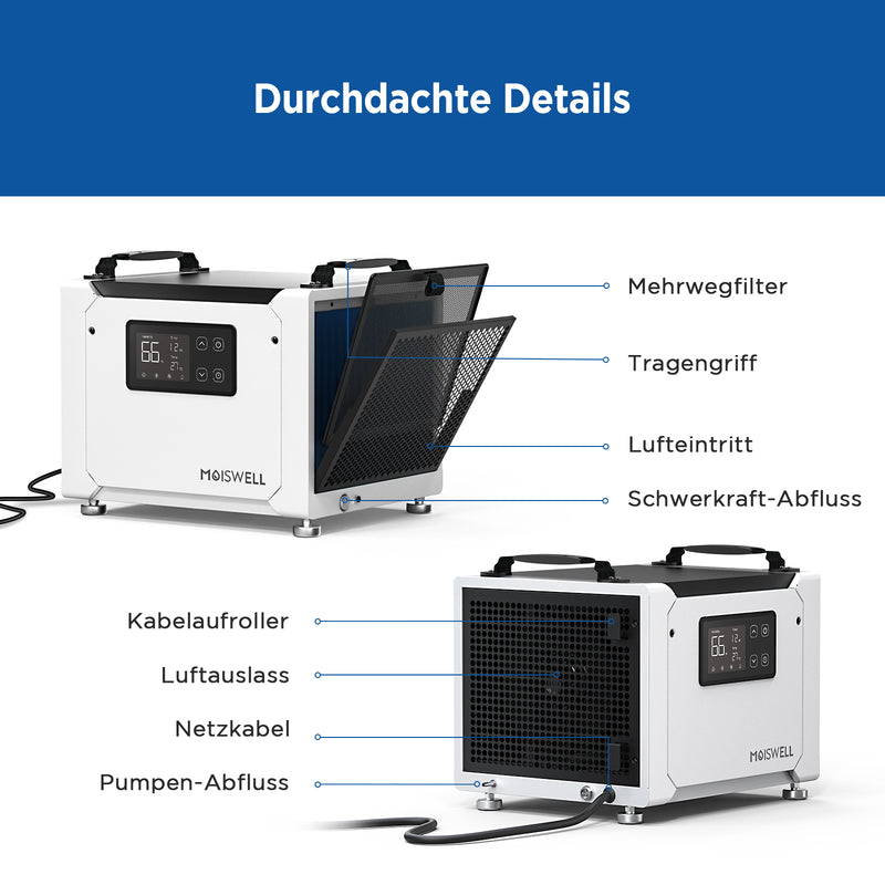 35-Liter Gewerbe-Entfeuchter mit Ablaufschlauch für Kriechkeller & Keller | MOISWELL Defender DEP30