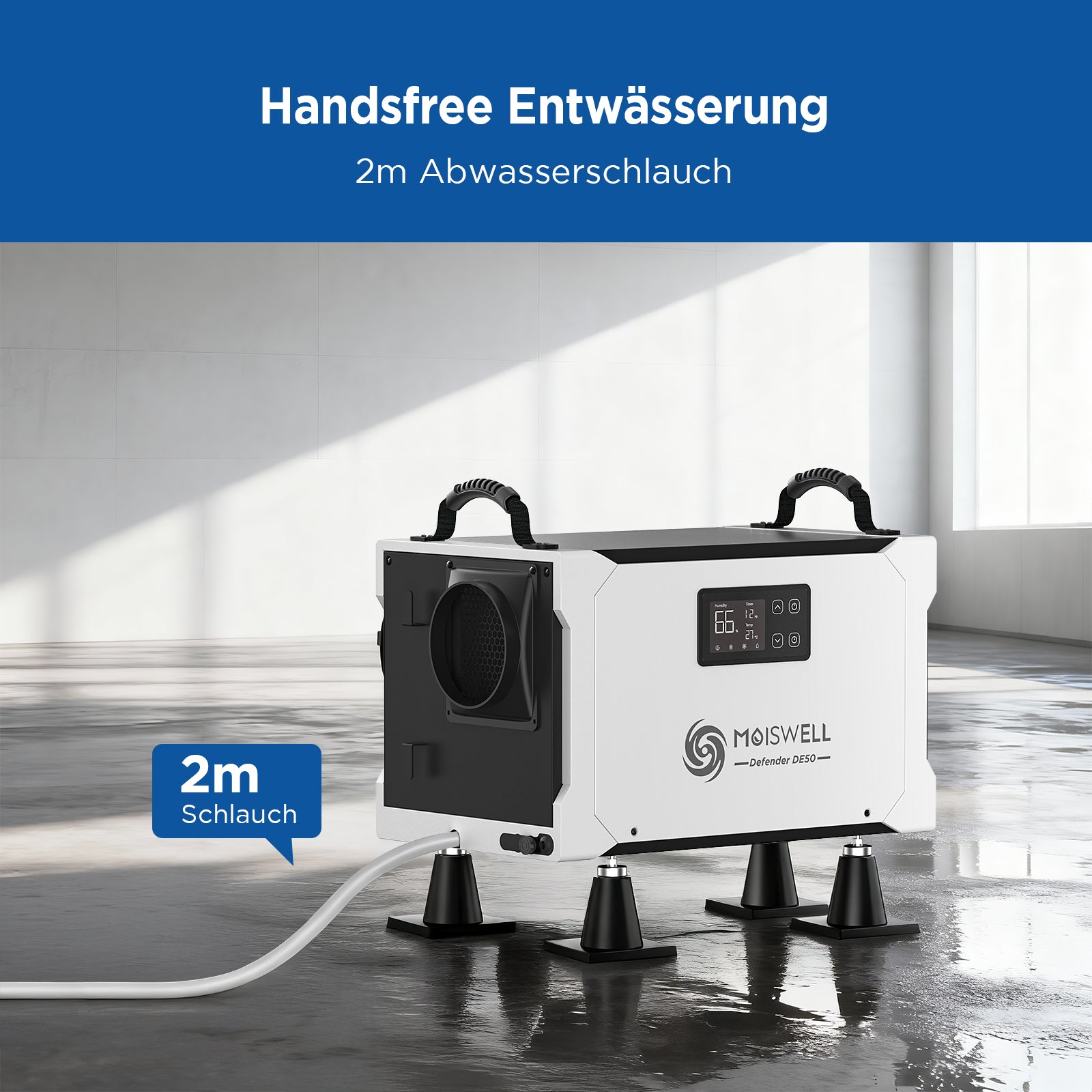 75-Liter Gewerbe-Entfeuchter mit Ablaufschlauch für Kriechkeller & Keller | MOISWELL Defender DE50