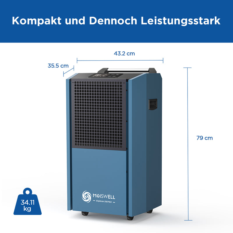 90 L Gewerbe-Entfeuchter mit Pumpe zur Bautrocknung – Ideal für Keller und Baustellen | MOISWELL Explorer DEP80