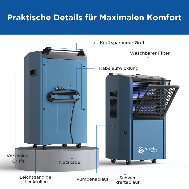 90 L Gewerbe-Entfeuchter mit Pumpe zur Bautrocknung – Ideal für Keller und Baustellen | MOISWELL Explorer DEP80
