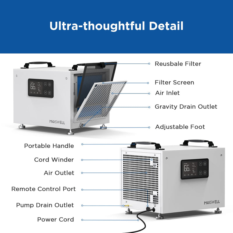70 Pints Commercial Dehumidifier with Pump for Basement & Home | MOISWELL Defender SP60